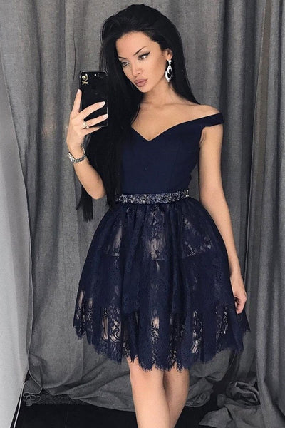 Navy Blue Lace Homecoming Party Dress ...